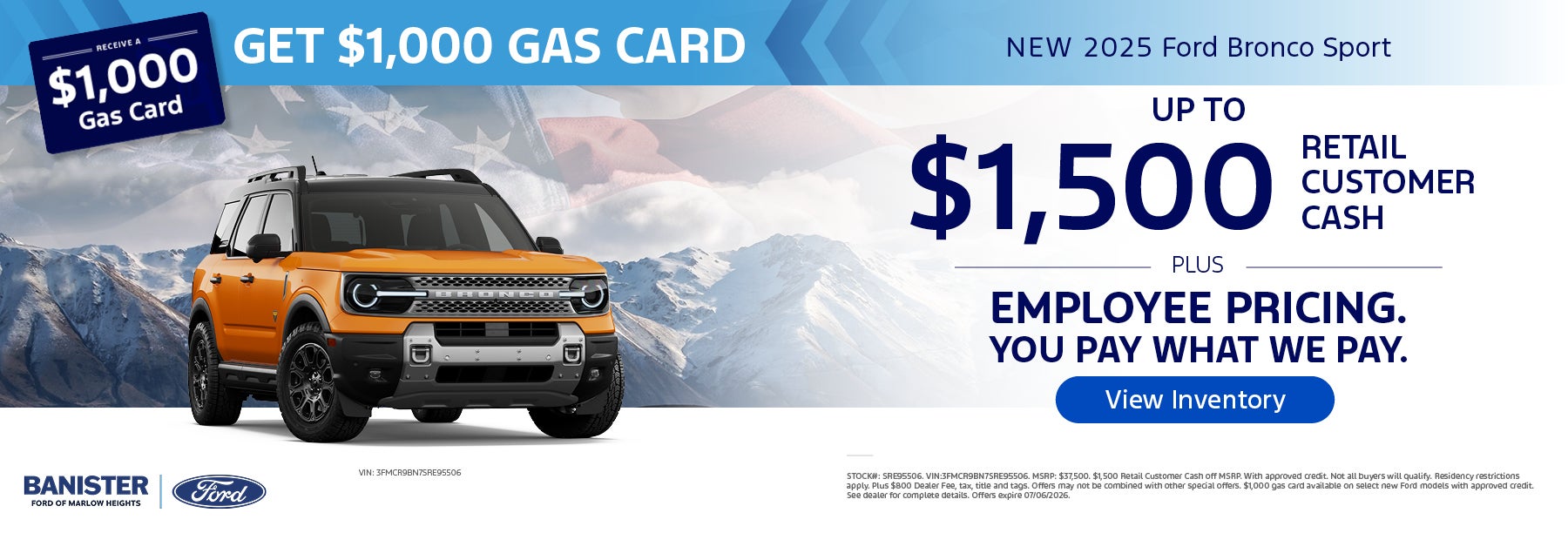 "Employee Pricing + $1,500 Retail Customer Cash Get $1,000 G
