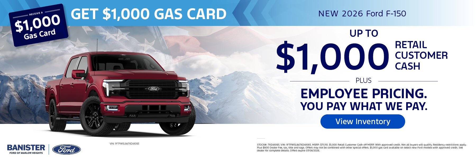 "Employee Pricing + $1,000 Retail Customer Cash Get $1,000 G